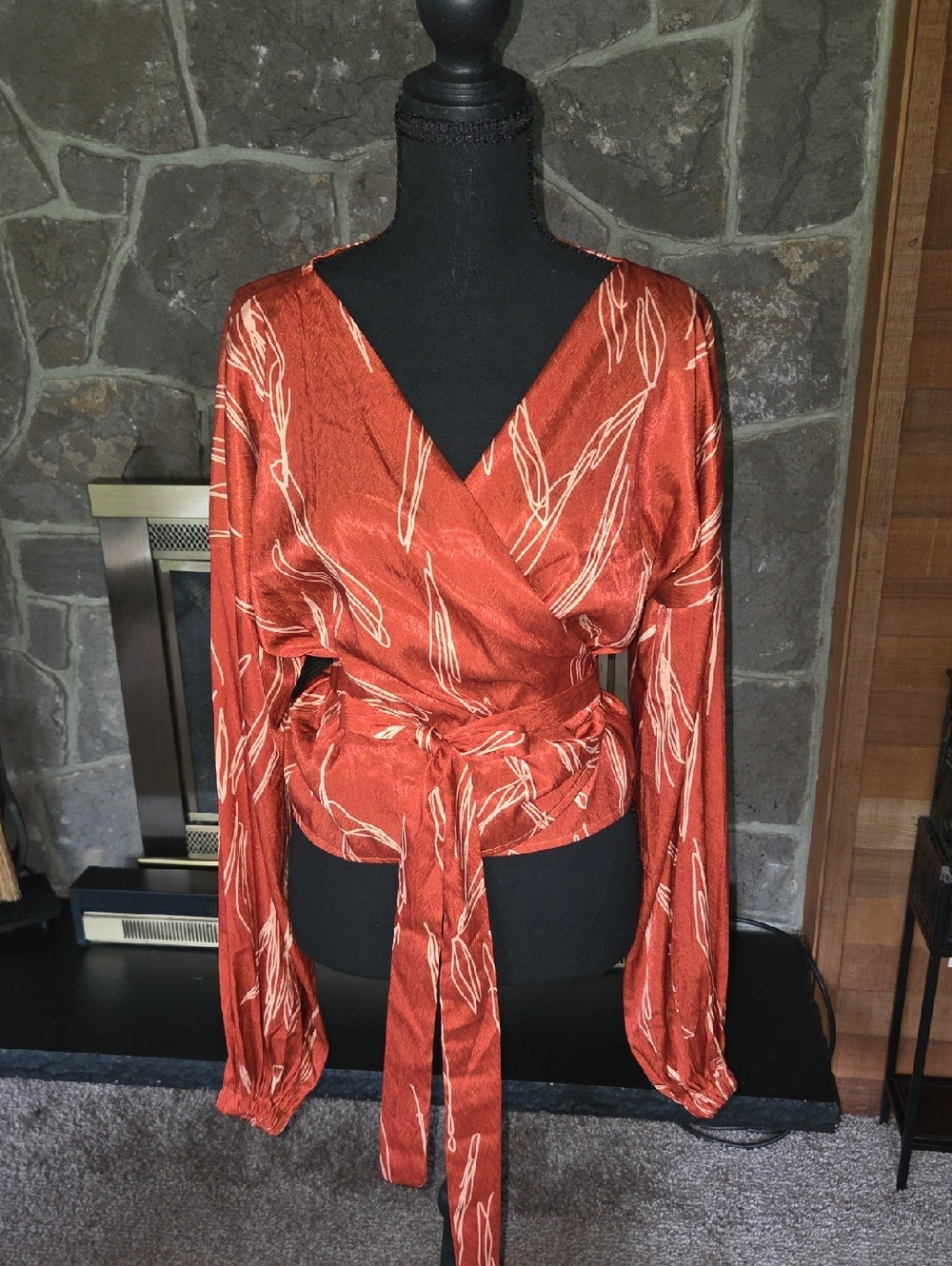 Diarrablu Rust Wrap Blouse with Cream Leaf Print